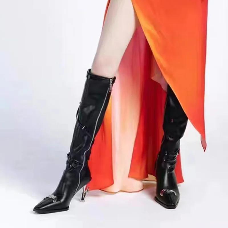 Fashion Brand Strange Heel Black Y2K Long Boots Women 2025 Winter Gothic Metal Bucket Knee High Boots Pointed Toe High Heel Sexy Shoes