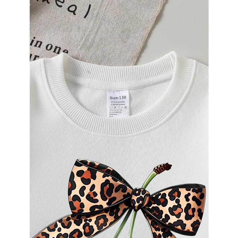 Girls' Sweatshirt, Girls' Clothes, Girls' Round Neck Fashion Sweatshirt, Leopard Print Bow Cherry, Girls' Autumn And Winter Trendy Print Sweatshirt