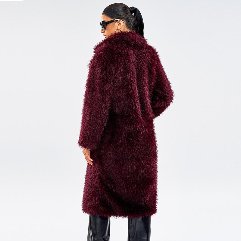 Womens Faux Fur Coat Longline Stylish Winter Outerwear With Fringe Detail Wine Red Gray Cream Beige Black S M L XL XXL