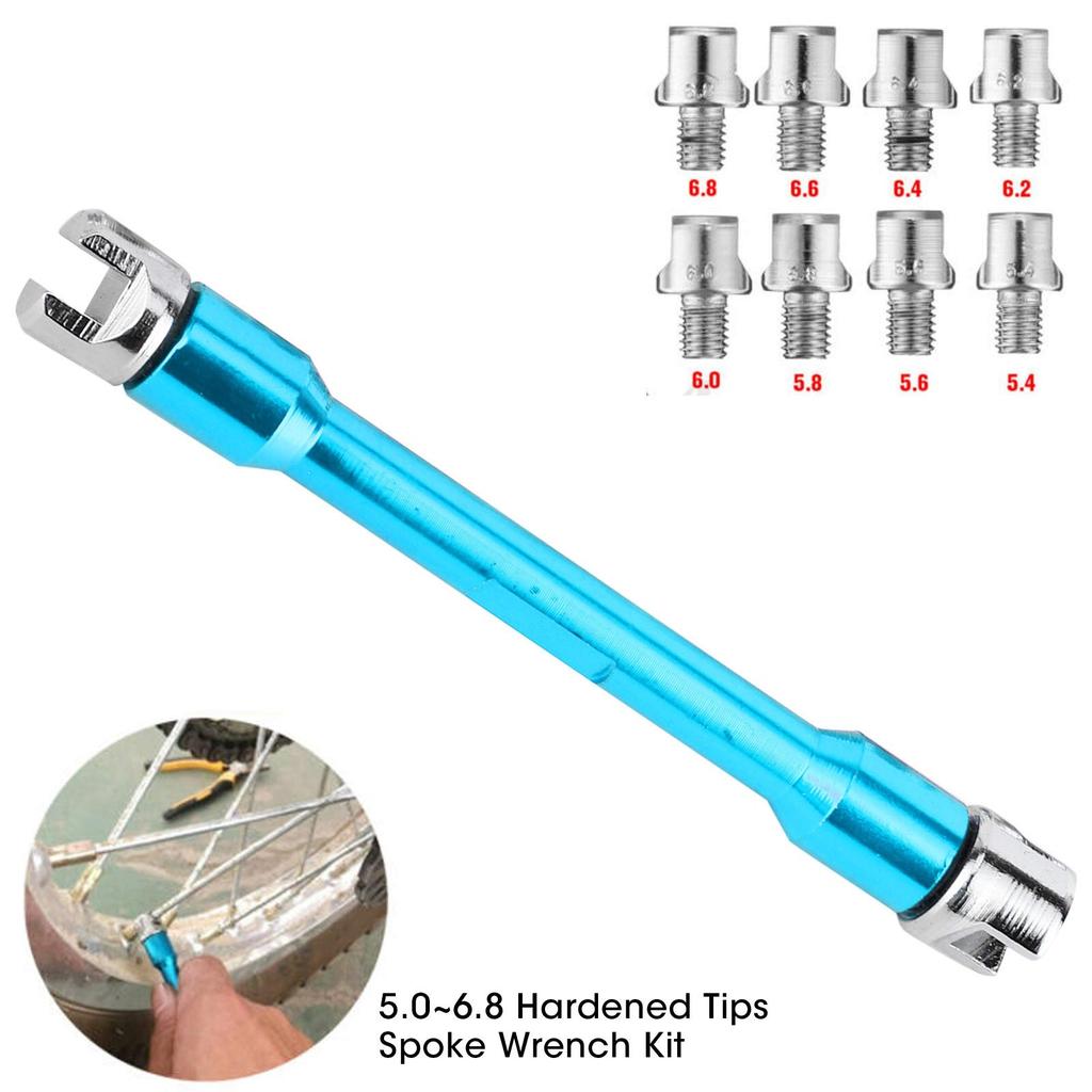 Motorcycle Spoke Wrench Set, CNC Machined, 5.0-6.8mm, 10 Interchangeable Tips Included, 93mm Length, for Tire Spoke Adjustment and Maintenance (Blue)