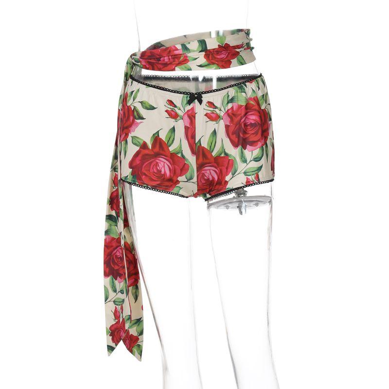 

Порывистый [Южно-французский стиль] Уличный Сексуальный Ветер Топ с длинными рукавами и оборками + Шорты с красными розами и лентами Red(Shorts + streamer) L