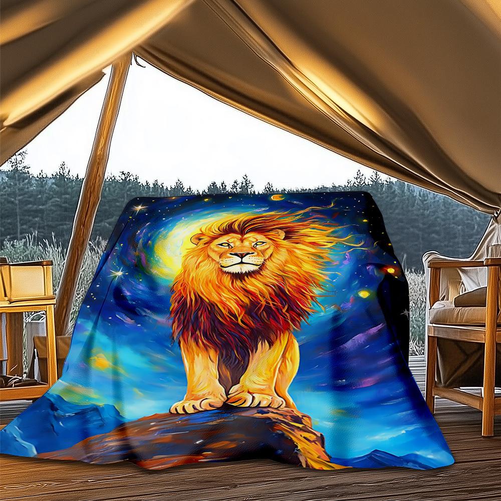 1pc Lion Artwork Outdoor Flannel Blanket, Cozy & Warm Soft Te Playful Design, Napping Camping,