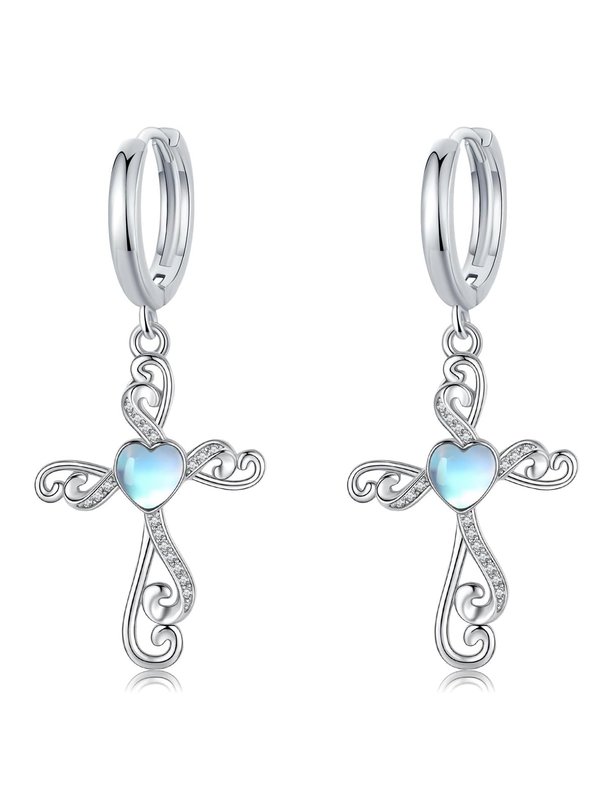 

StoryMidir Earrings for 925 Platinum Heart Hoop White Perfect Gift Box Women, Cross, Silver, Finish, Earrings, Moonstone, Small, Hypoallergenic,