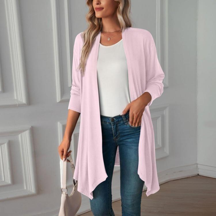 Einfarbige leichte Strickjacke mit langen Ärmeln für Damen