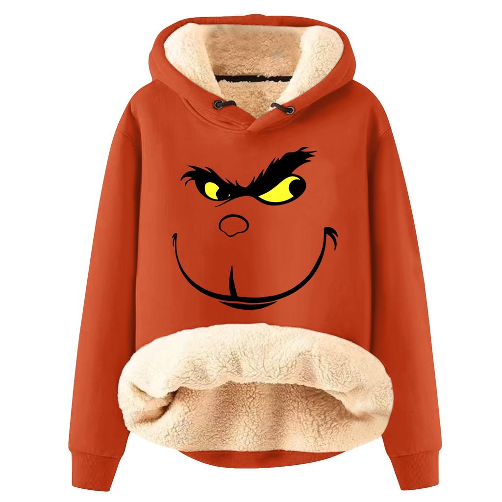 Damska modna bluza z kapturem, ocieplana, gruba, ciepła, z nadrukiem świątecznym, luźna, z kapturem