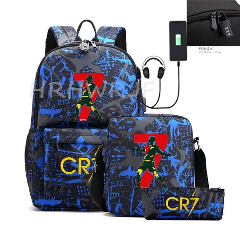 Sports Casual CR7 Backpacks 3pcs Simple Lightweight Capacity Teens Laptop School Bags Women Men Travel USB An-ti Lock Mochilas
