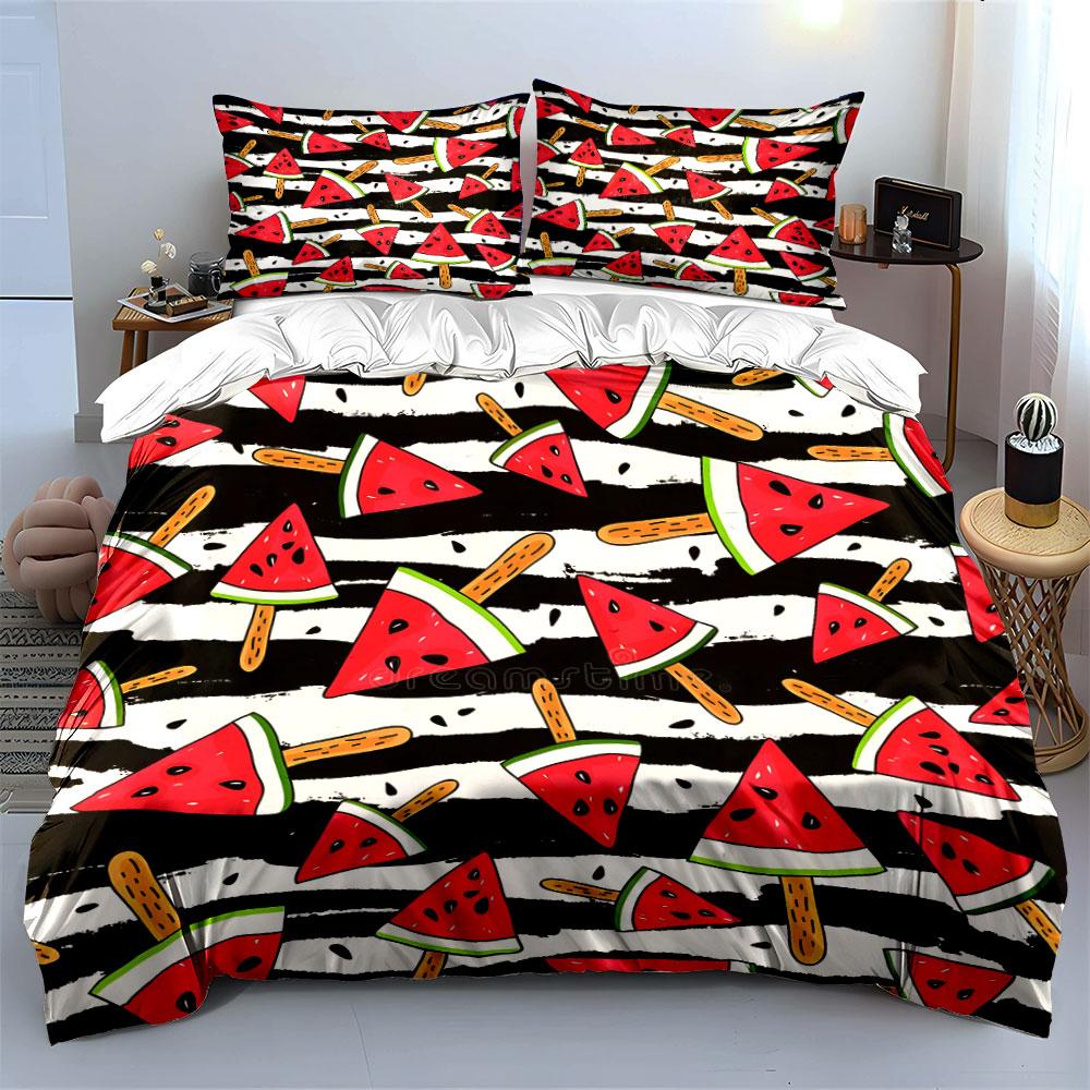 Watermelon Popsicle Pattern with Striped Print Bedding Set 1 Duvet Cover 2 Pillowcases for Adult Children Luxury Gift Full Size