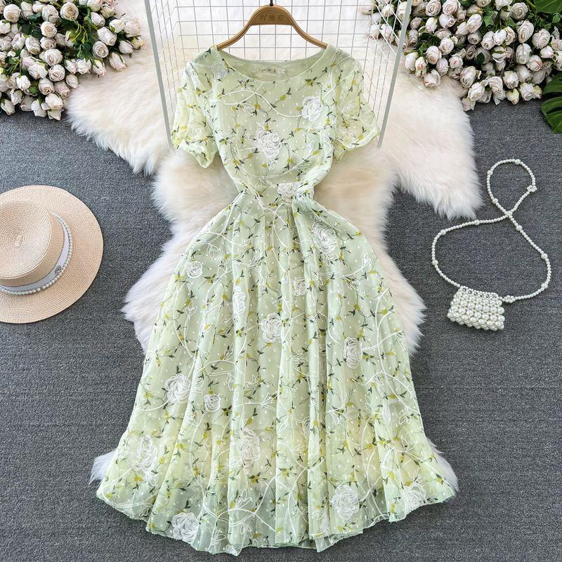 

Круглый вырез А-силуэт Платье с принтом Элегантность Большой клеш Короткий рукав Green 2XL