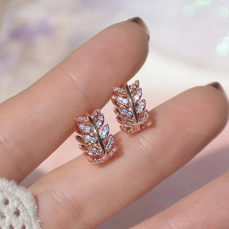Huitan Literary Fancy Leaf Hoop Earrings with Shining Cubic Zirconia for Lady Party Wedding Engagement Graceful Accessories