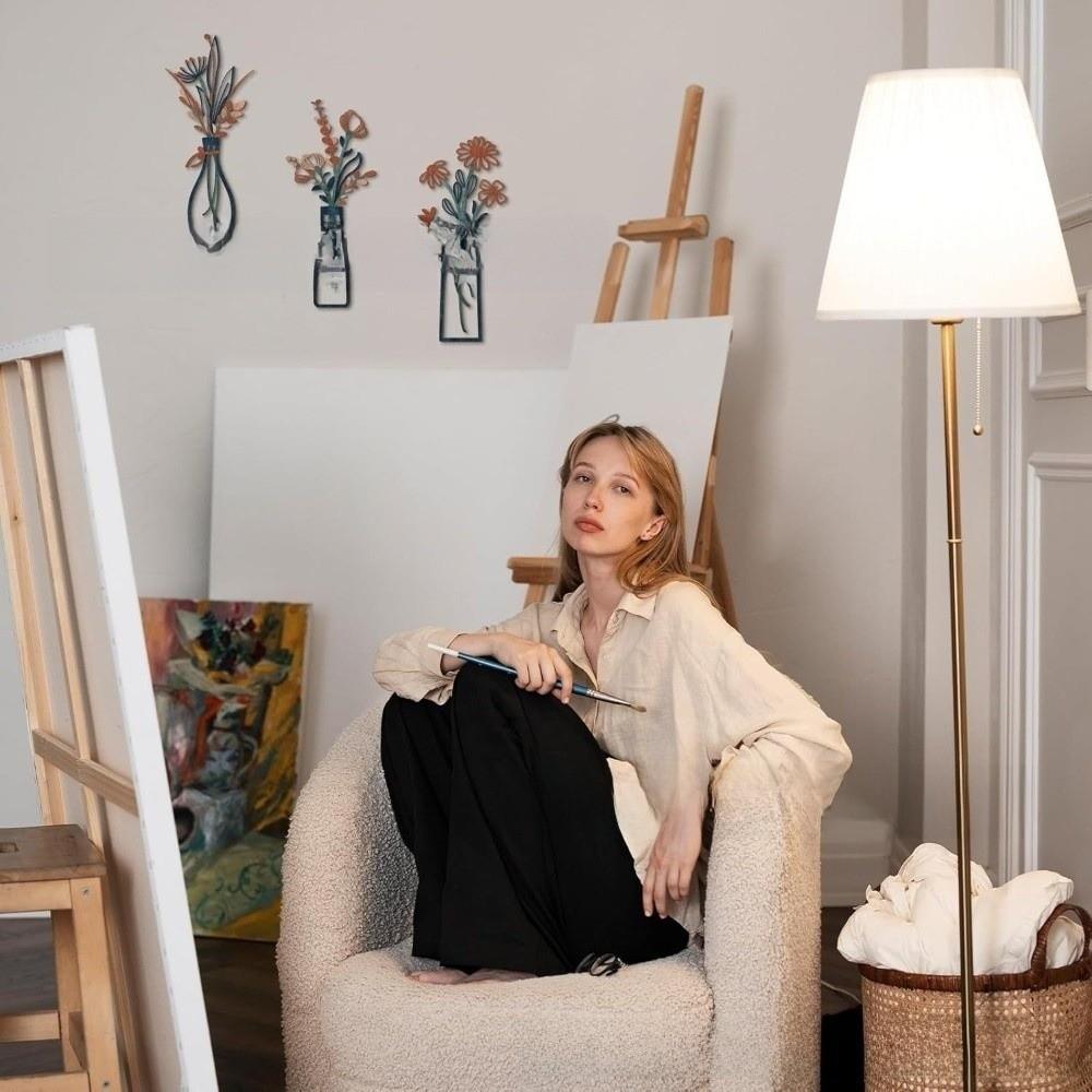 3 Pieces Set Vase Design Floral Decor 3D Wall Stickers Wall Decor Metal Flowers Wall Art  Bathroom