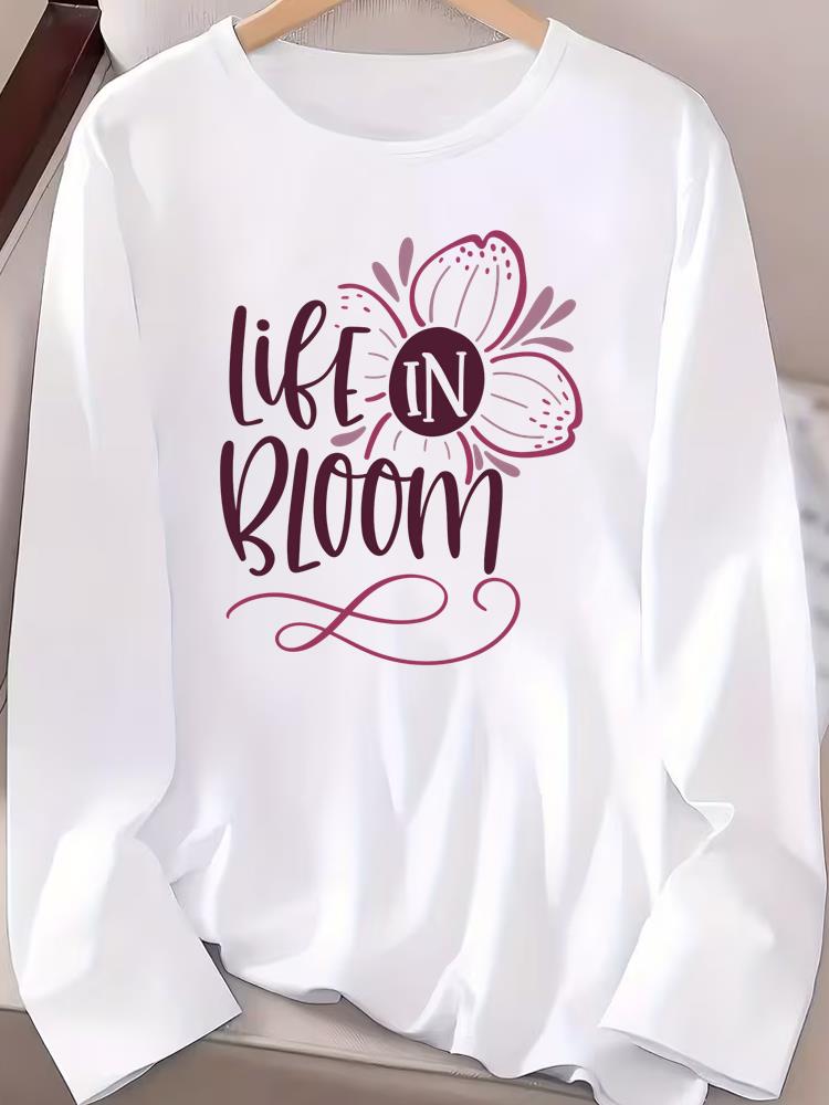 (Asian Size) Letter Cute Autumn Winter Spring Women Female Clothing Casual Tee Lady Printed O-neck Long Sleeve T Shirt  Fashion Top Graphic T-shirts