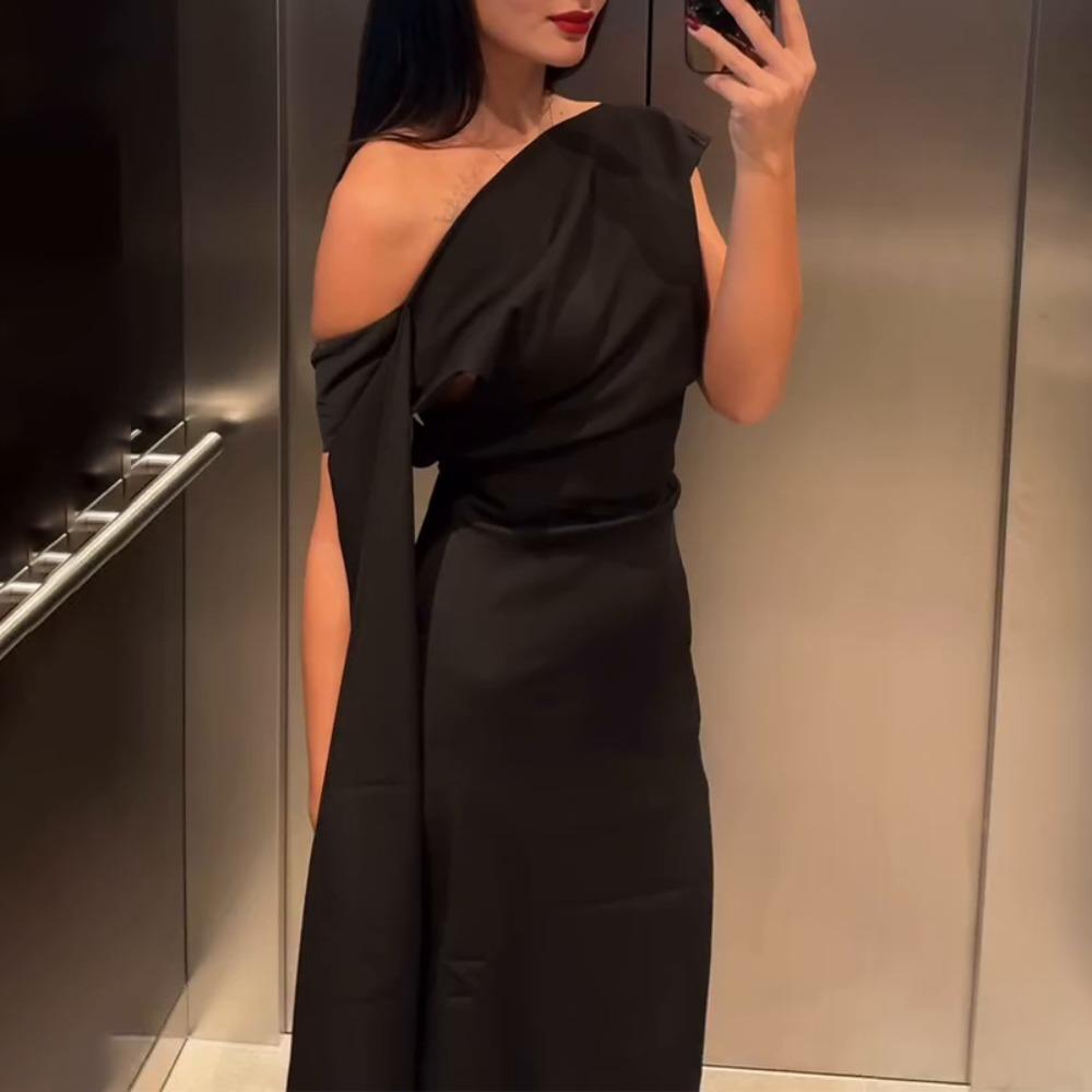 Women's One Shoulder Short Sleeve Maxi Dress Slim Fit High Waist Elegant Solid Color Evening Midi Dress