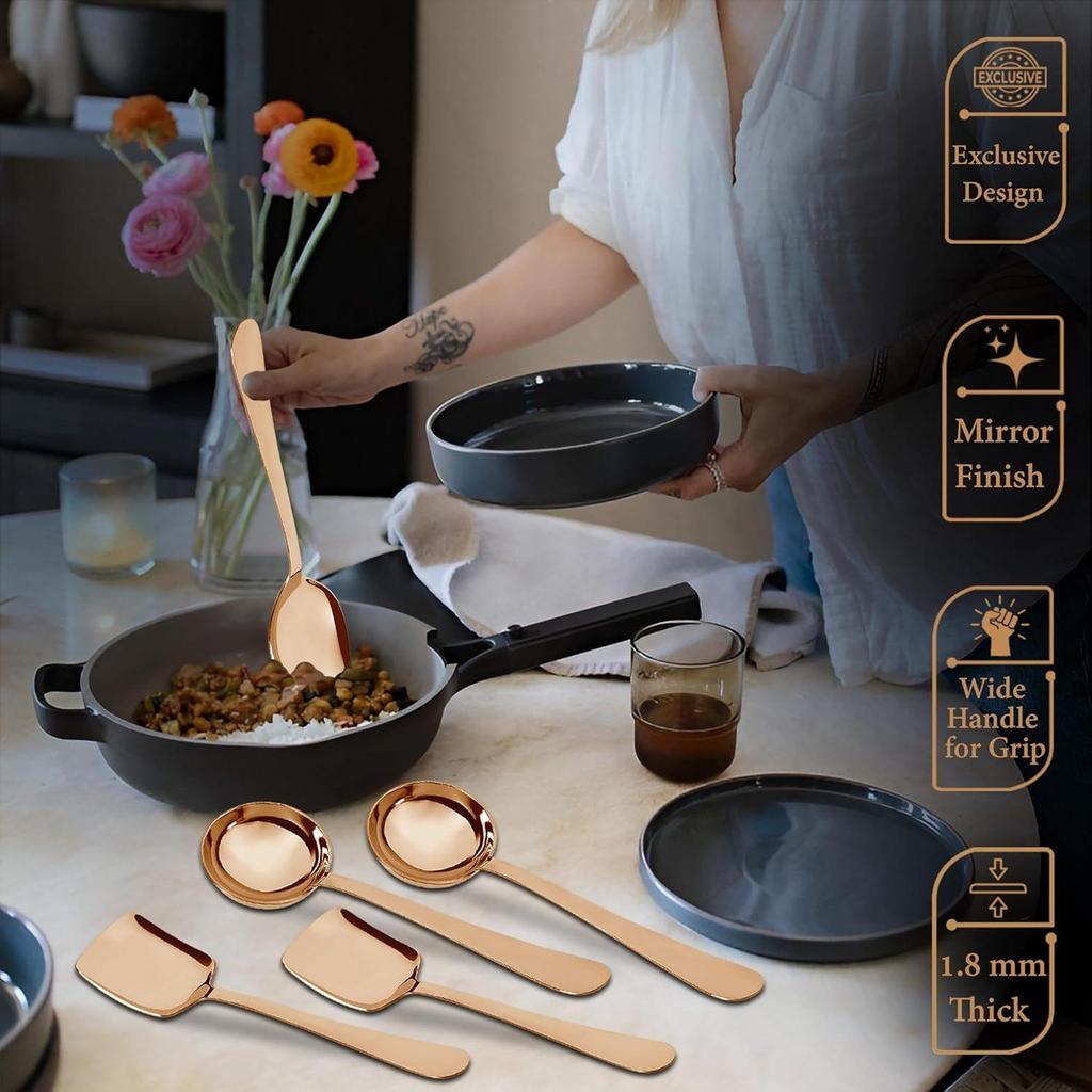 6 Pieces Stainless Steel Rose Gold Serving Spoons Set for Dining Table/Kitchen, 1.8 Mm Heavy Gauge