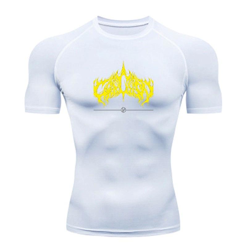 Men's Compression Workout T-Shirt, Bright Yellow Flame Style Graphic Sports Quick Dry Tee for Gym Running Training Fitness Active Wear