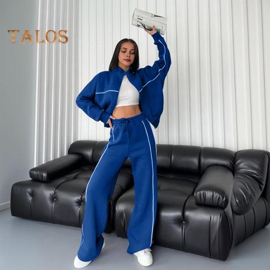 2 Teile/satz Damen Mantel Hosenanzug Halbhoher Kragen Reißverschluss Langarm Oberteil Elastische Taille Weite Beintaschen Hose Winter Alltagskleidung Trainingsanzug
