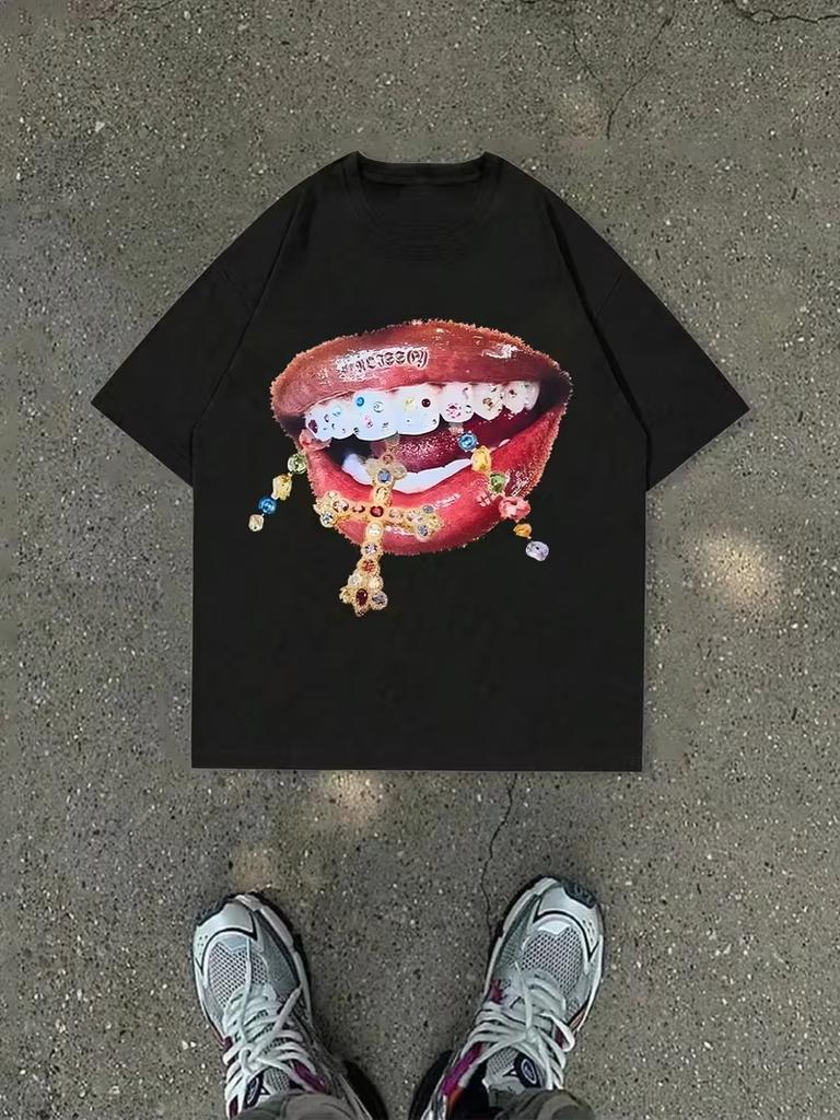 2026 Summer Bestselling American Street Hiphop Style Red Lip Theme Outdoor Leisure Trendy Fashion Unisexs Shortsleeved Tshirt