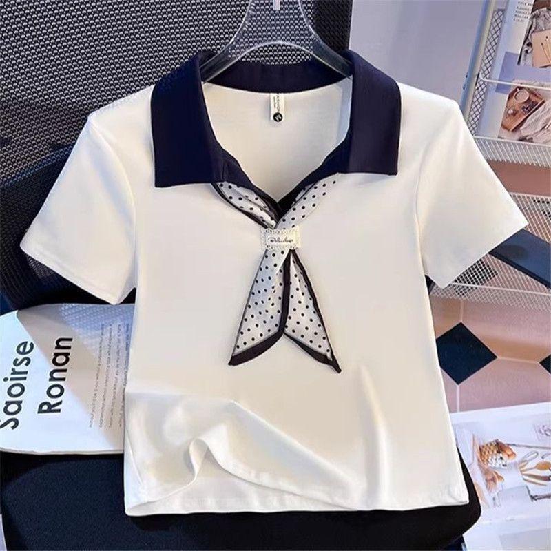 Summer new high-end POLO collar short-sleeved t-shirt women's college style contrasting colors versatile and thin shoulder top