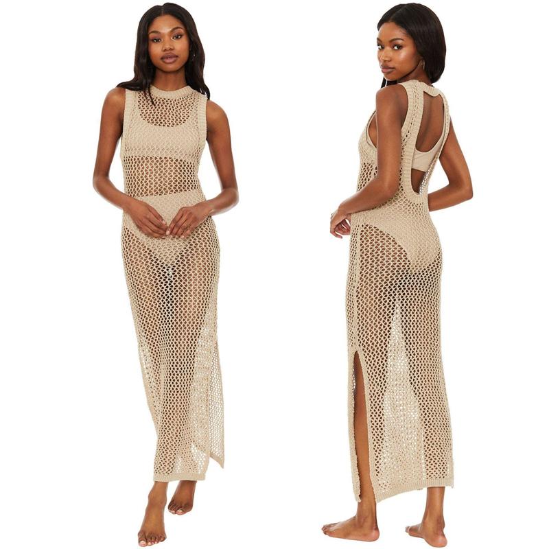 

Летнее пляжное платье макси Женское сексуальное платье с открытой спиной Сетчатый свитер Женские вязаные свитера Прозрачные повседневные платья без рукавов One Size