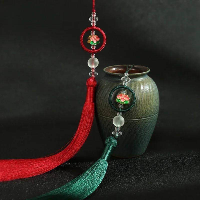 Chinese Retro Auspicious Lotus Beaded Tassel Fringe Women's Handbag Cheongsam & Hanfu Decoration Folding Fan Sachet Car Pendant