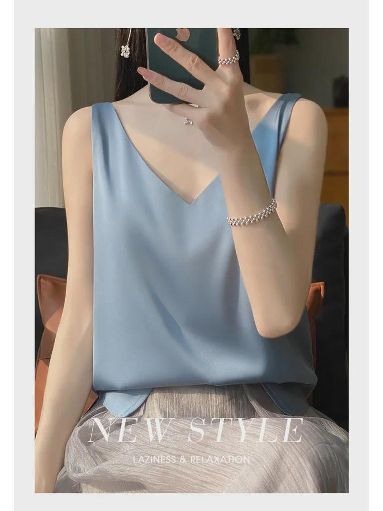 Women's Silk Satin V-Neck Camisole with Spaghetti Straps – Trendy Spring/Summer Slim Fit Inner Top