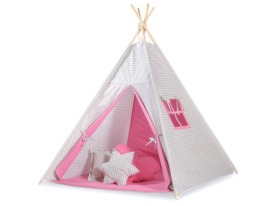 Tipi tent for children + feather pendants - gray-pink checkered pattern