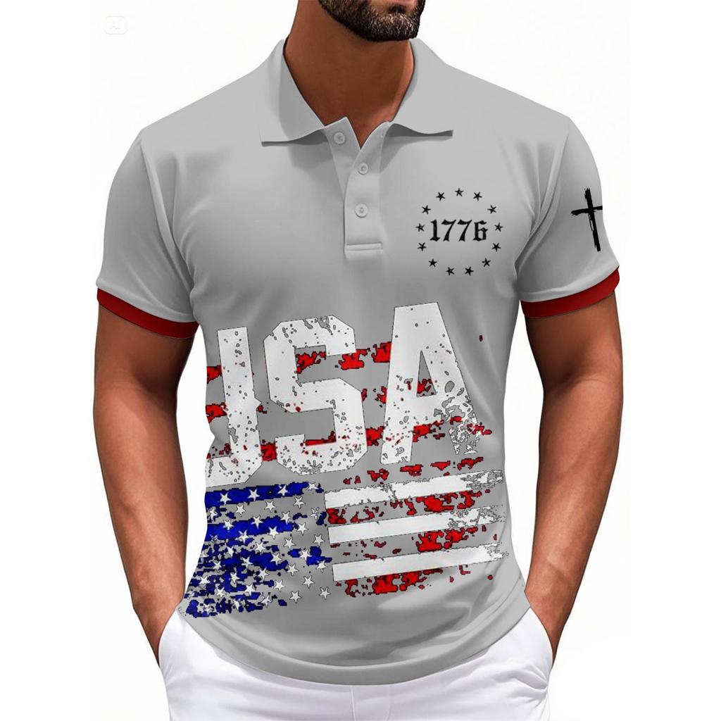 Modisches Herren-Freizeit-Oberteil mit Unabhängigkeitstag-Print am Hals und kurzen Ärmeln