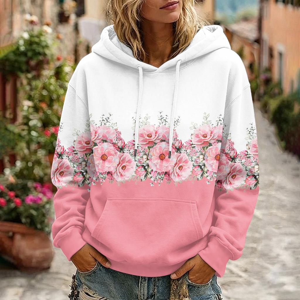 Women's Floral Print Long Sleeve Hoodie with Pockets and