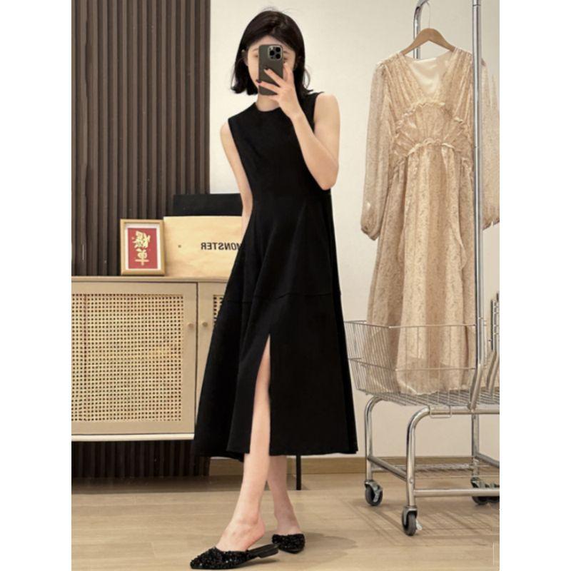 Round Neck Chubby Girl Hepburn Style Waist Black Dress Vest