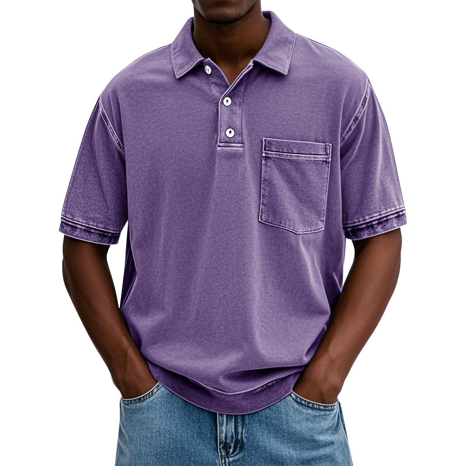 Мужские летние однотонные топы с воротником на пуговицах и коротким рукавом мужские повседневные свободные модные топы XXL фиолетовый 1548₽