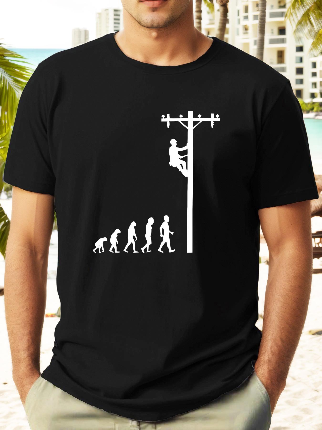 Human Evolution Climbing Power Pole Graphic T-shirt - White Casual Short Sleeve Summer Tee with Humorous Design M