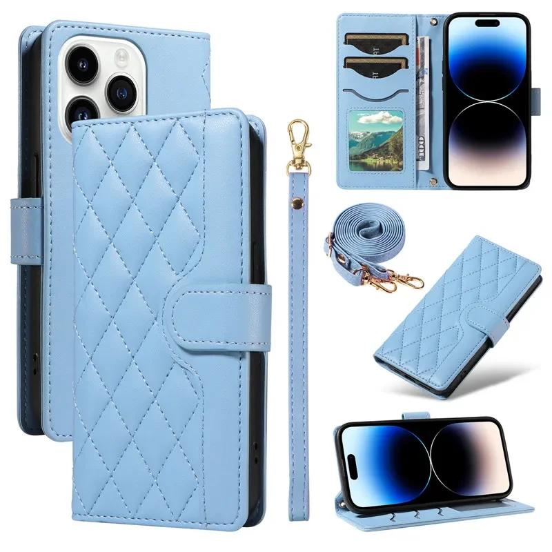 Lanyard Leather Wallet Card Phone Case for iPhone 17 Air 16E 16 Pro Max 15 14 Plus 13 12 11 XS XR X Crossbody Flip Purse Cover