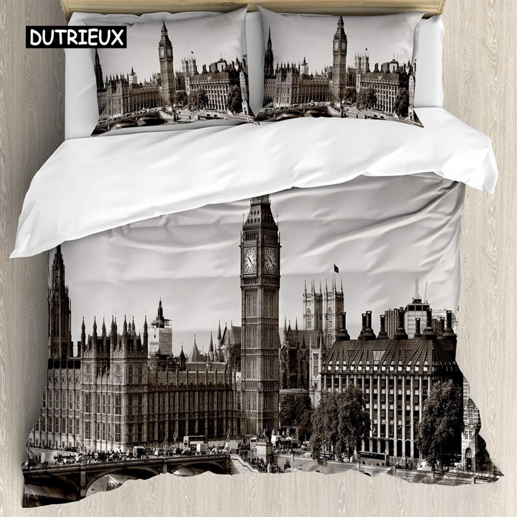 UK London Stil Königin König Bettbezug Britische Elemente Bettwäscheset für Teenager Erwachsene London Bridge Big Ben Polyester Steppdeckenbezug