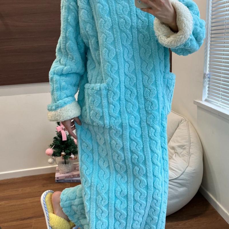 Coral Fleece Jacquard Nightgown Winter Pajamas Warm Homewear Nightdress