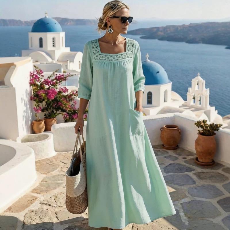 Casual Square Neck Three Quarter Sleeve Solid Color Womens Loose Long Maxi Dress