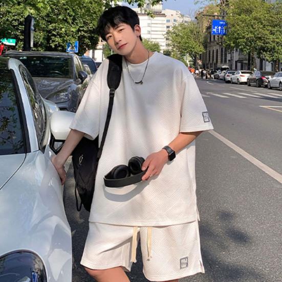 2Pcs/Set O-Neck Short Sleeve Waffle Texture Casual Outfit Pockets Drawstring Elastic Waistband Solid Color T-shirt Loose Shorts Sport Suit Streetwear