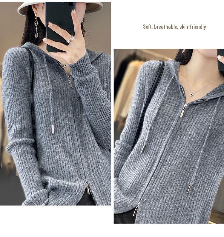 Women's 100% Pure Wool Hooded Cardigan - Spring Cashmere Zipper Sweatshirt