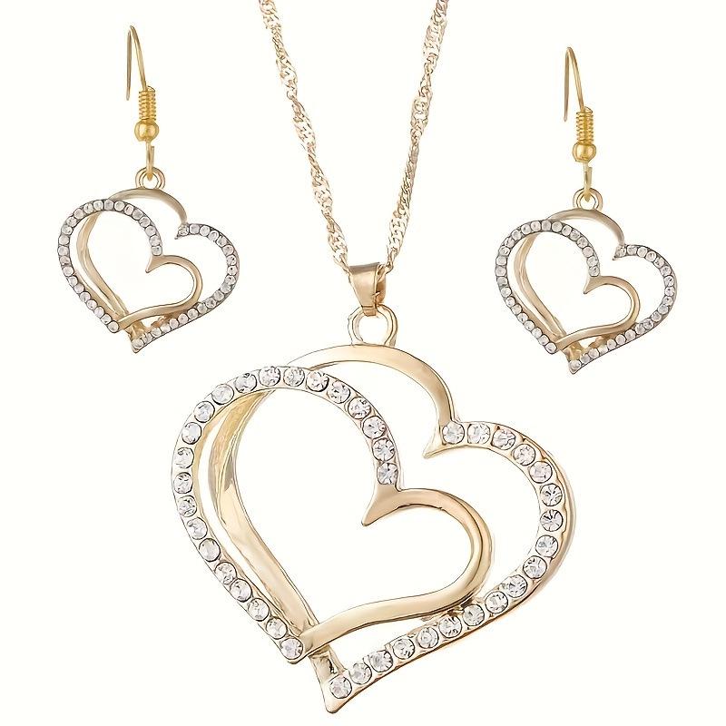 European & American Retro Love Heart Jewelry Set: Alloy Diamond-Inlaid Necklace & Earrings