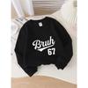 Kids Unisex Crewneck Sweatshirt, Vintage Script "Bruh" With Number 67 Varsity Font Print Light Pink Soft Fleece Pullover
