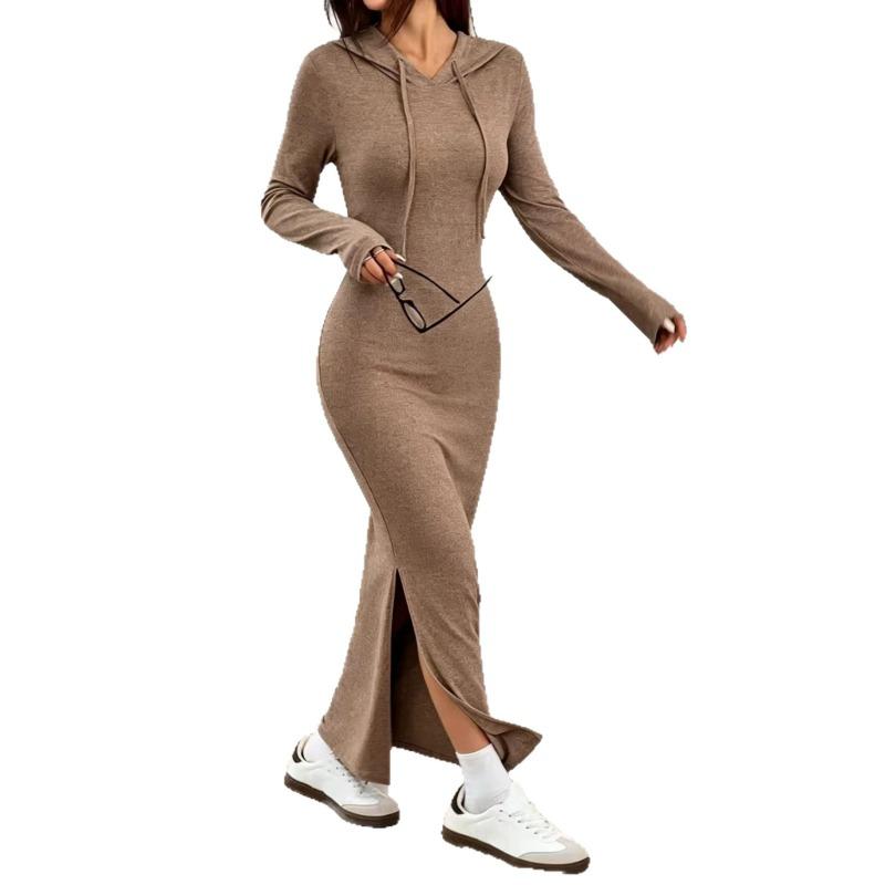 2026 Fashion Hooded Sweatshirt Dress with High Waist Slit Casual Hoodie Long Dresses Solid New Spring Autumn Slim Wrapped Party Dress