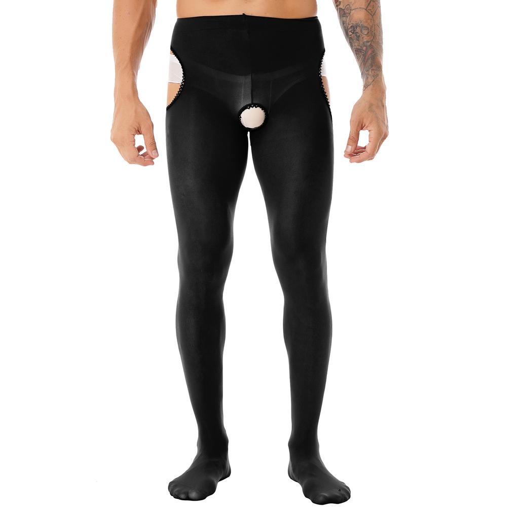 Men's Lace Trimming Pantyhose Open Crotch Long Pants Tights Leggings