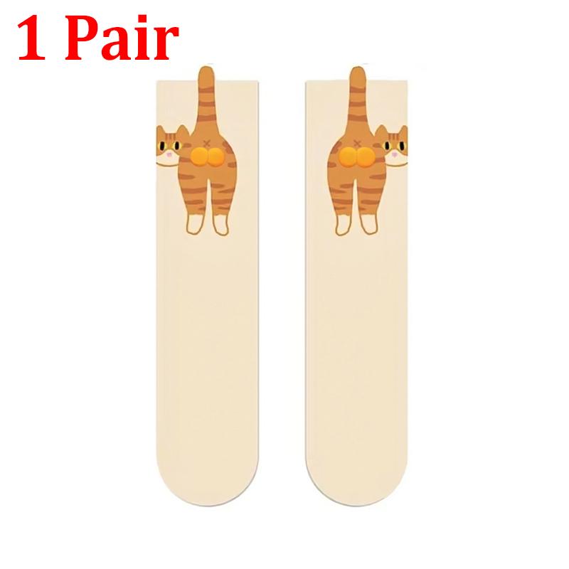 1/2 Pair Socks Funny Abstract 3D Cat Butt Mid-Tube Socks Cartoon Quirky Cotton Socks Cat Egg Floor Sock for Cute Girls Sock Gift