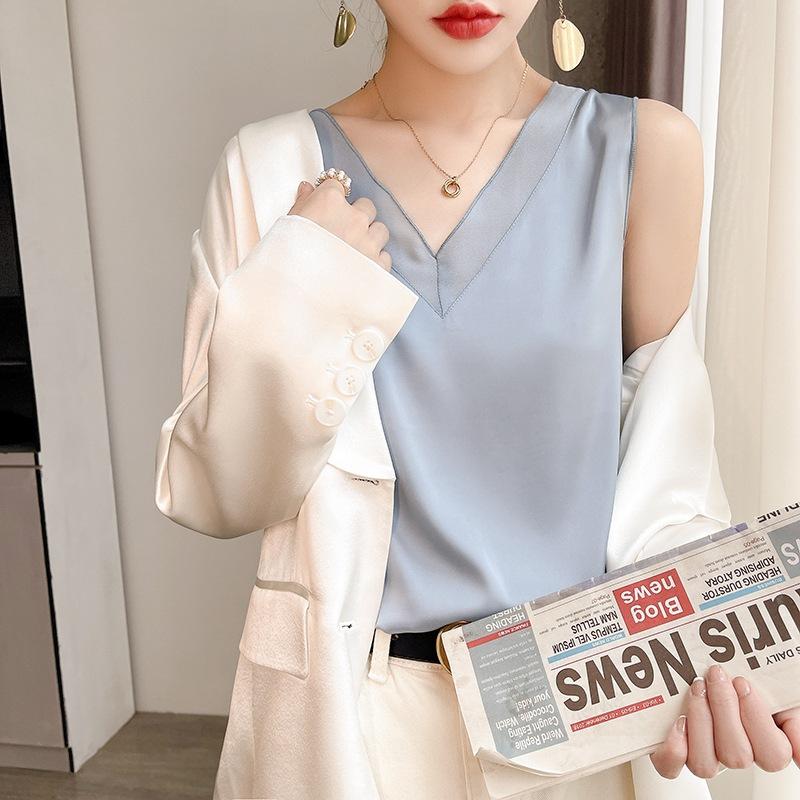 VEZFAA Chemisiers et chemises à col en V sans manches pour femme, mode décontractée, été, printemps, couleur unie, imprimé