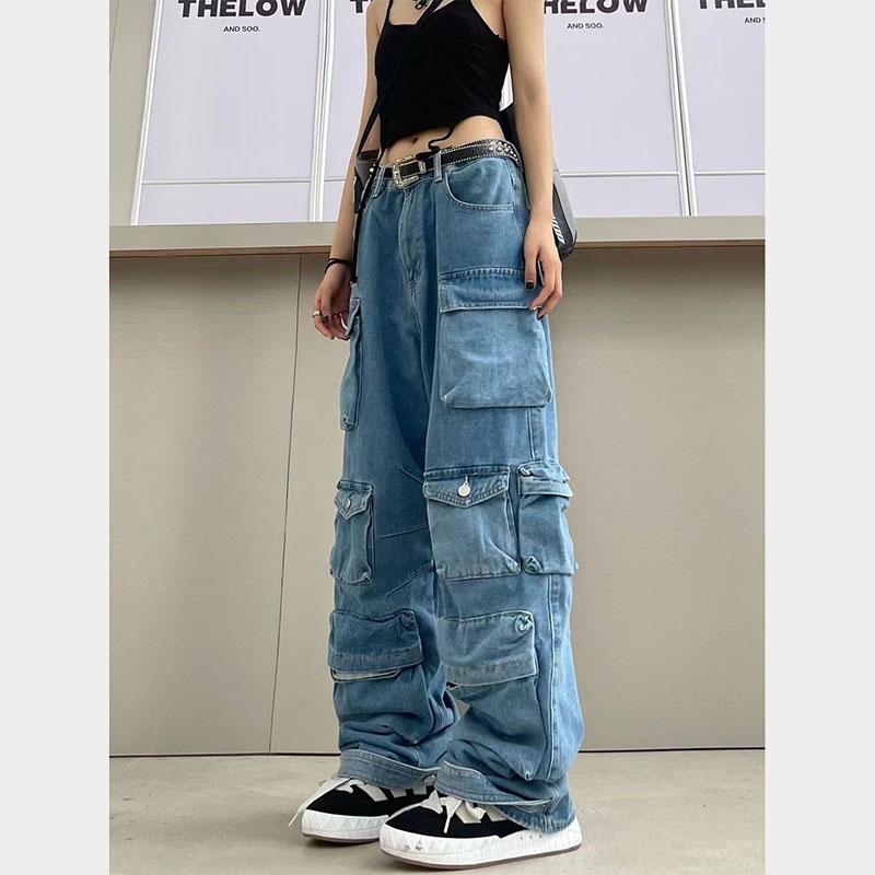 Blau gewaschene Cargohose mit mehreren Taschen, Y2k-Retro-High-Street-Mode, hohe Taille, Jeans, Paar, Harajuku, einfache lässige Hose mit weitem Bein