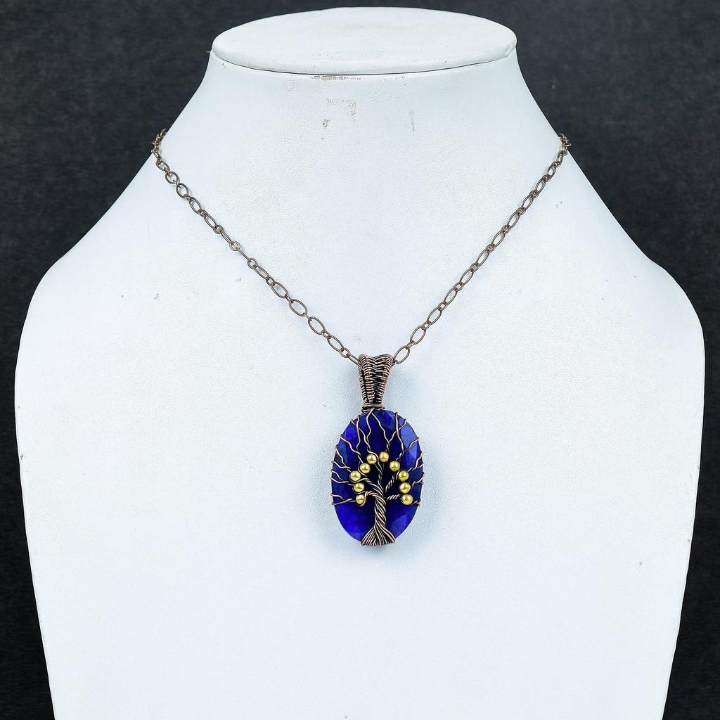 Tree Of Life Blue Sapphire Pendant, Handmade Gemstone Pendant, 999 Copper Wire Wrapped Pendant Antique Jewelry, For Engagement Gift