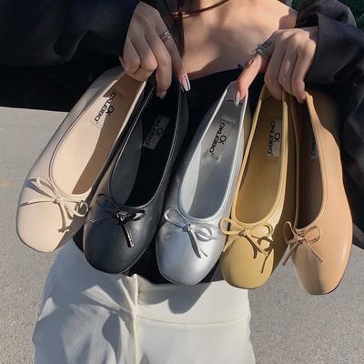 Fashion 2025 Round Toe Bowtie Flats Women Spring Summer Single Leather Ballerina Shoes Shiny Silver Slip On Loafers Zapatos De Mujer