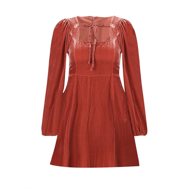 Japanese Style, Velvet Skirt, Retro Square Collar Dress, Spring and Autumn Thin Temperament, Famous Big Lady Long Dress