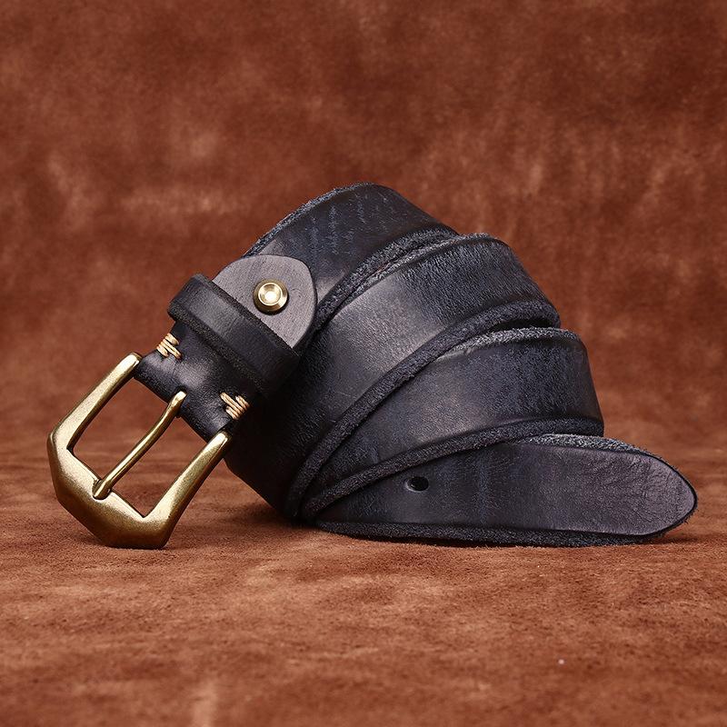 Rough and Domineering Thickened Top Layer Cowhide Belt for Men, Copper Buckle with Rough Edges and A Vintage Washed Leather Base