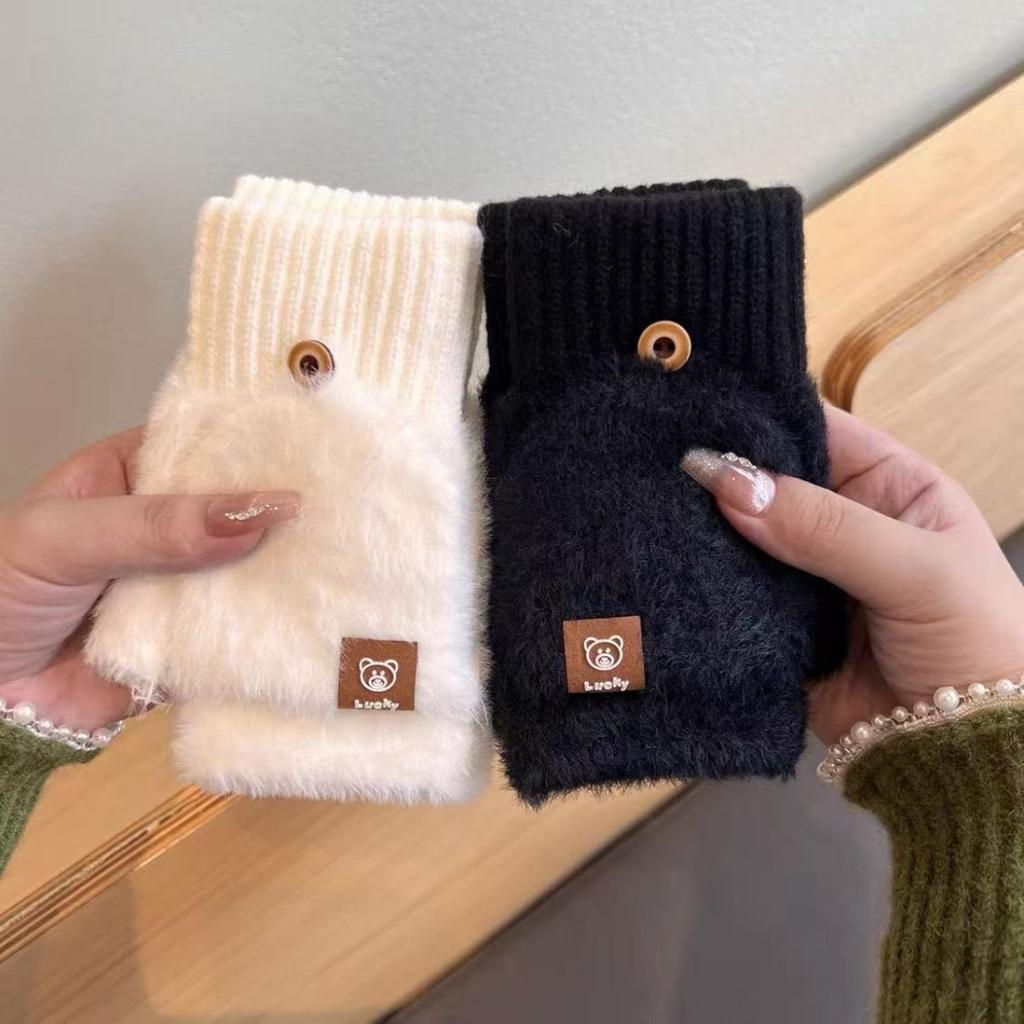 Winter Thick Half Finger Flip Gloves for Cute Women, Warm Cycling in Winter, Knitted for Students To Write and Type On
