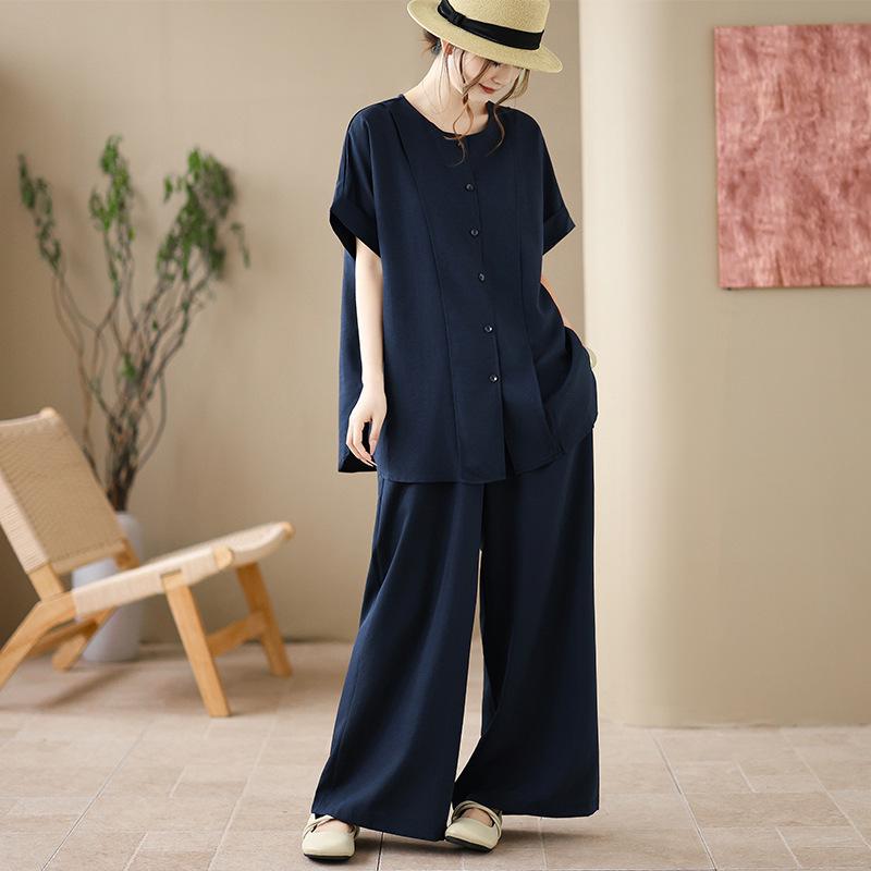 

Artistic Summer Cotton Linen Two-Piece Set: Short Sleeve Shirt & Wide Leg Pants One Size синий