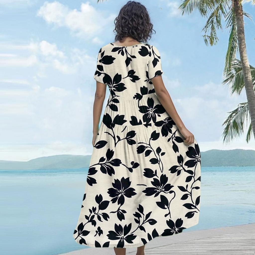 Damen Lässiges Lockeres Böhmisches Kleid mit Blumenmuster und Kurzen Ärmeln
